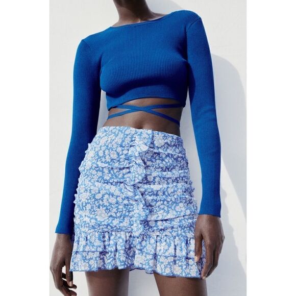 NWT Zara Floral Print Draped Ruffled & Gathered High Waisted Mini Skirt, Medium - Picture 5 of 12